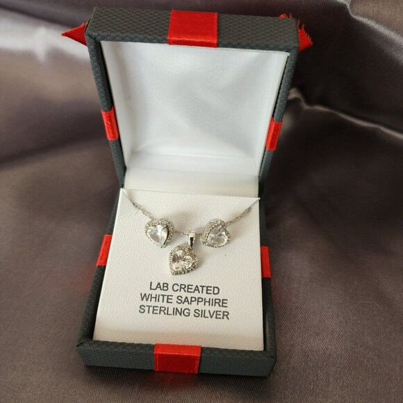 NWT White Sapphire Earrings Necklace Sterling Silver Gift Set $124 MSRP - Picture 2 of 11